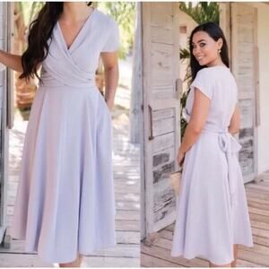 Gal Meets Glam Soft Lavender Seraphina V-Neck Crossover Bodice Midi Dress Sz 6P
